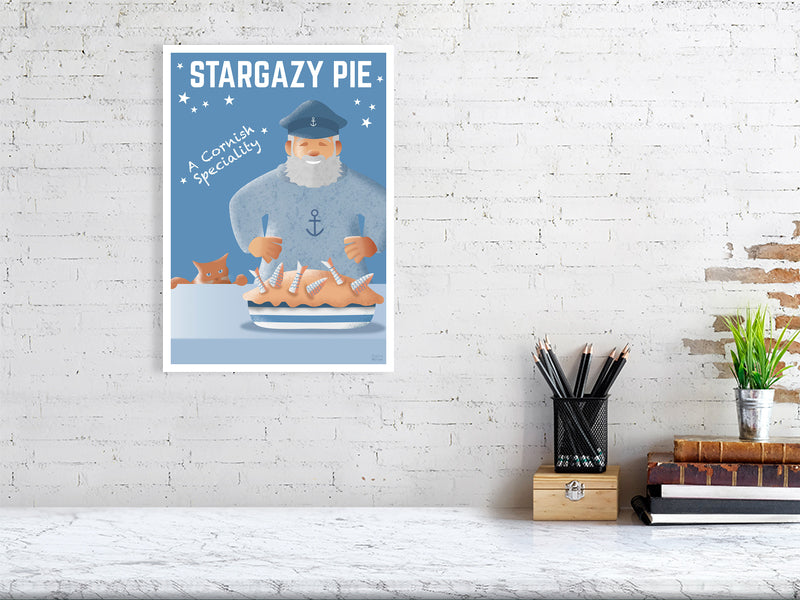 Artwork hanging on wall showing fisherman in pale blue jumper with a stargazy pie dinner and cat