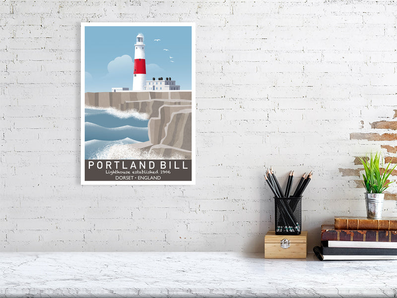  Artwork hanging on wall showing Portland Bill lighthouse and craggy rocks