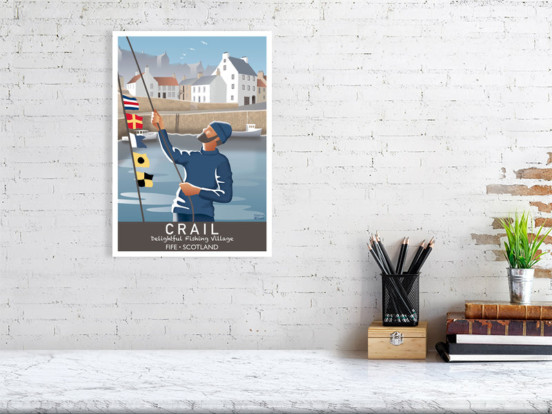 Artwork hanging on wall showing fisherman and nautical flags at Crail harbour