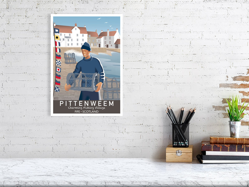 Artwork hanging on wall showing fisherman and nautical flags at Pittenweem harbour