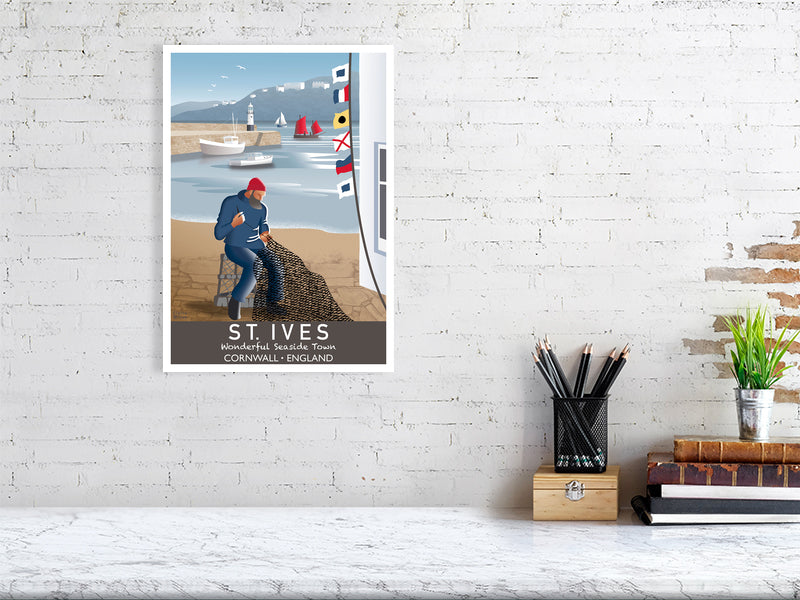 Artwork hanging on wall showing fisherman and nautical flags at St Ives