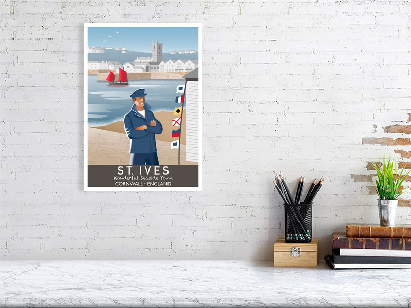 Artwork hanging on wall showing fisherman and nautical flags at St Ives quayside