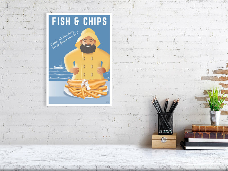 Artwork hanging on wall showing fisherman in yellow jacket with a fish and chips dinner