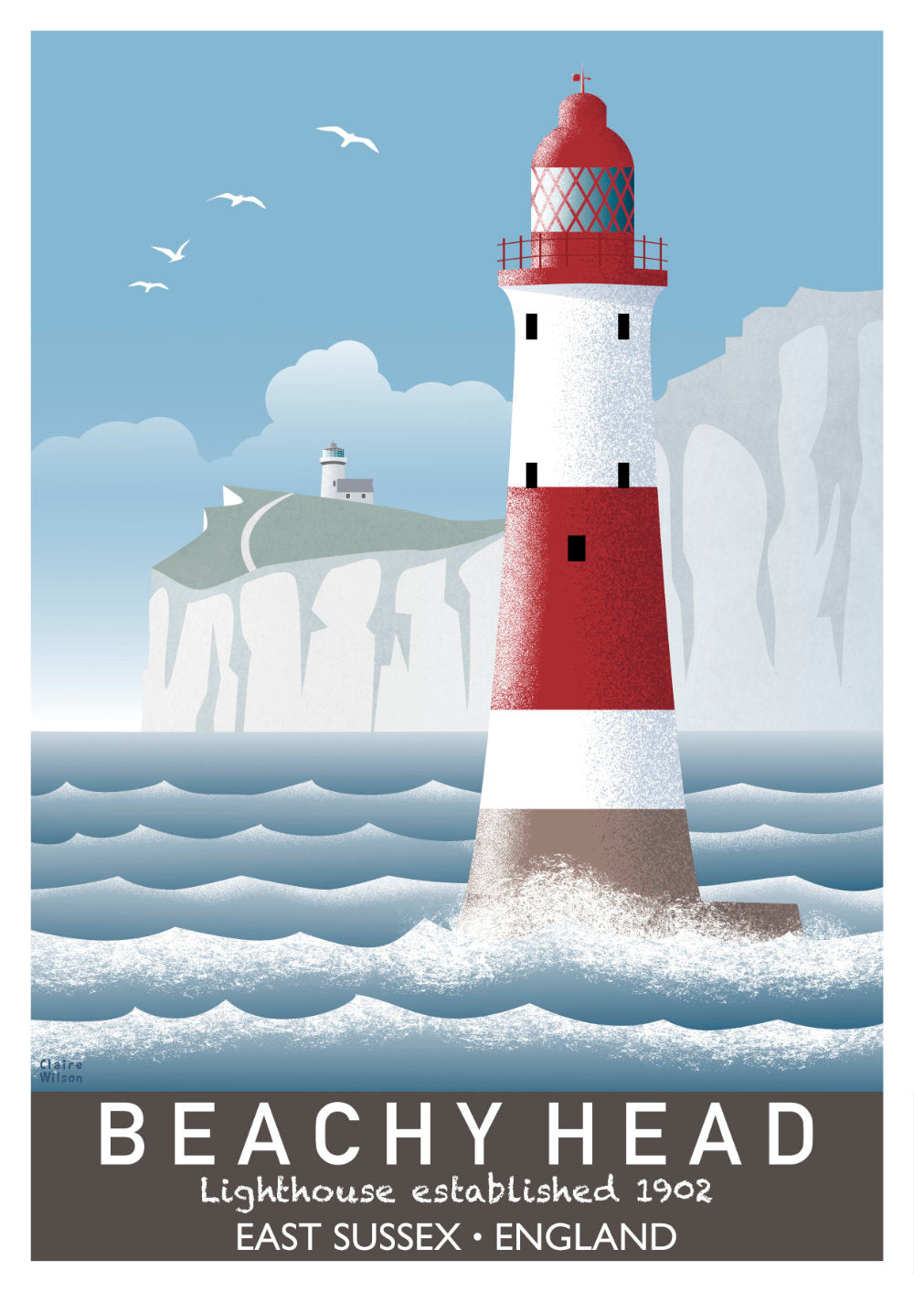 Colourful art print of Beachy Head red and white lighthouse, with a rugged coastline and rough sea