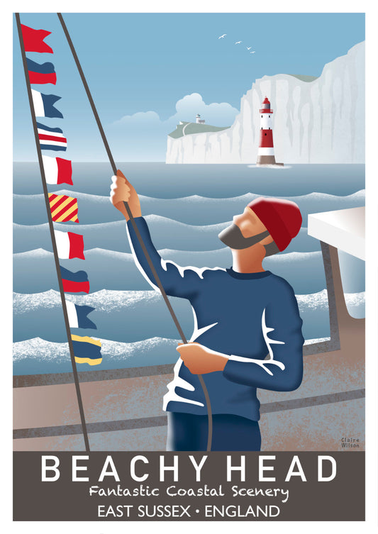 Colourful art print of a fisherman and nautical flags on a boat, with Beachy Head lighthouse and rugged white cliffs in the background