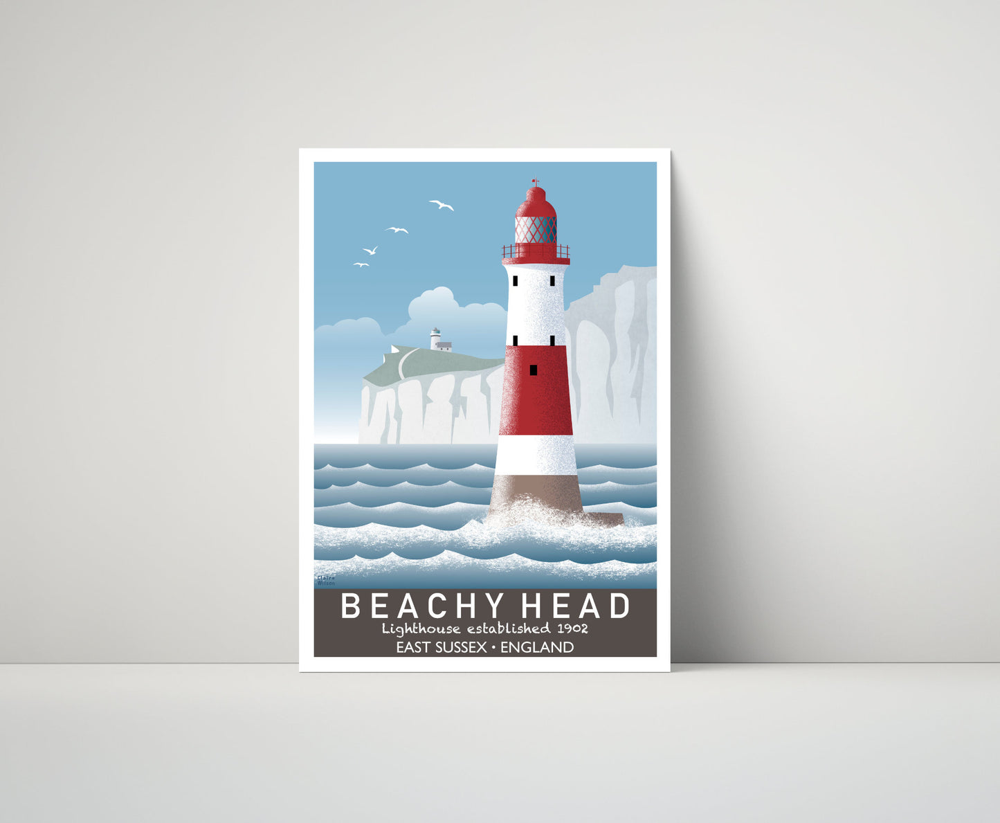 Artwork of Beachy Head lighthouse with red and white stripes, and craggy cliffs in the distance