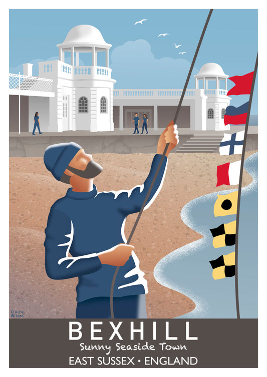 Colourful art print of a fisherman and nautical flags on a beach, with Bexhill Colonnade building in the background