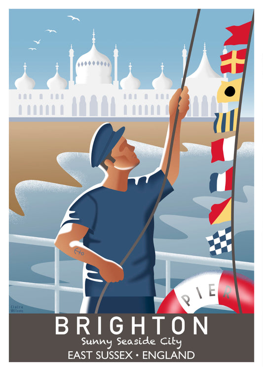 Colourful art print of a fisherman and nautical flags on a seaside pier, with Brighton Royal Pavilion in the background