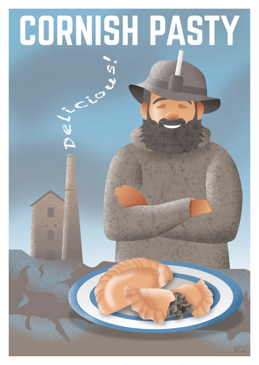 Colourful art print of a tin miner in brown marl sweater and a supper of Cornish pasty, with a tin mine in the background