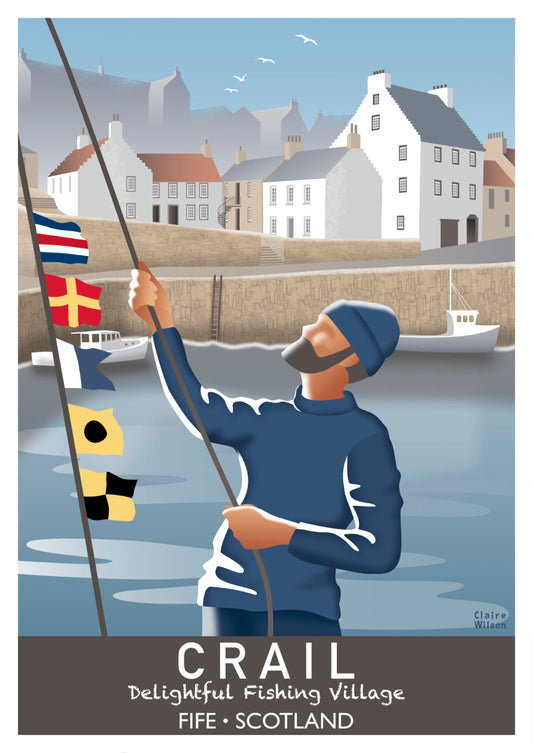 Colourful art print of a fisherman and nautical flags at a harbour, with Crail village buildings in the background