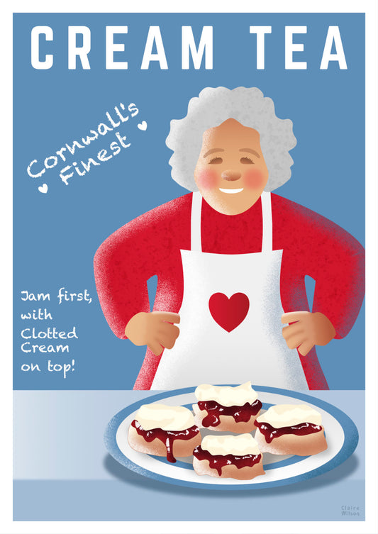 Colourful art print of an old lady in red and white clothes, with a dish of scones and jam and clotted cream