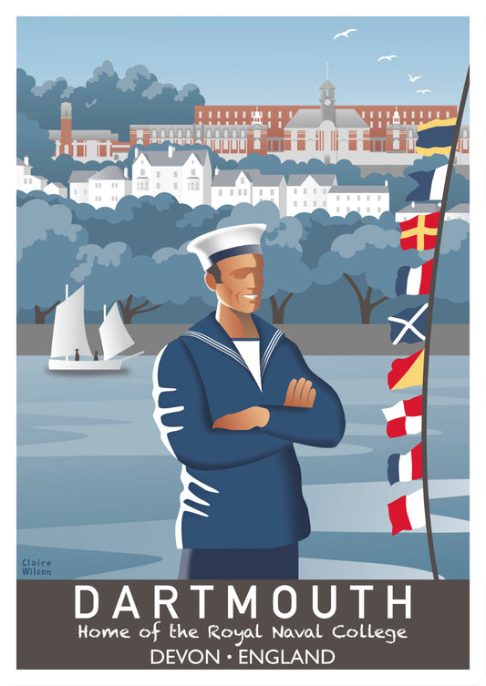 Colourful art print of a sailor and nautical flags by a river, with Dartmouth houses and naval academy buildings in the background