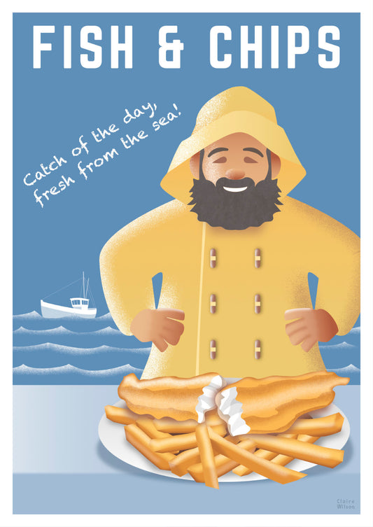 Colourful art print of a fisherman in yellow parka and a supper of fish and chips, with the ocean and boat in the background