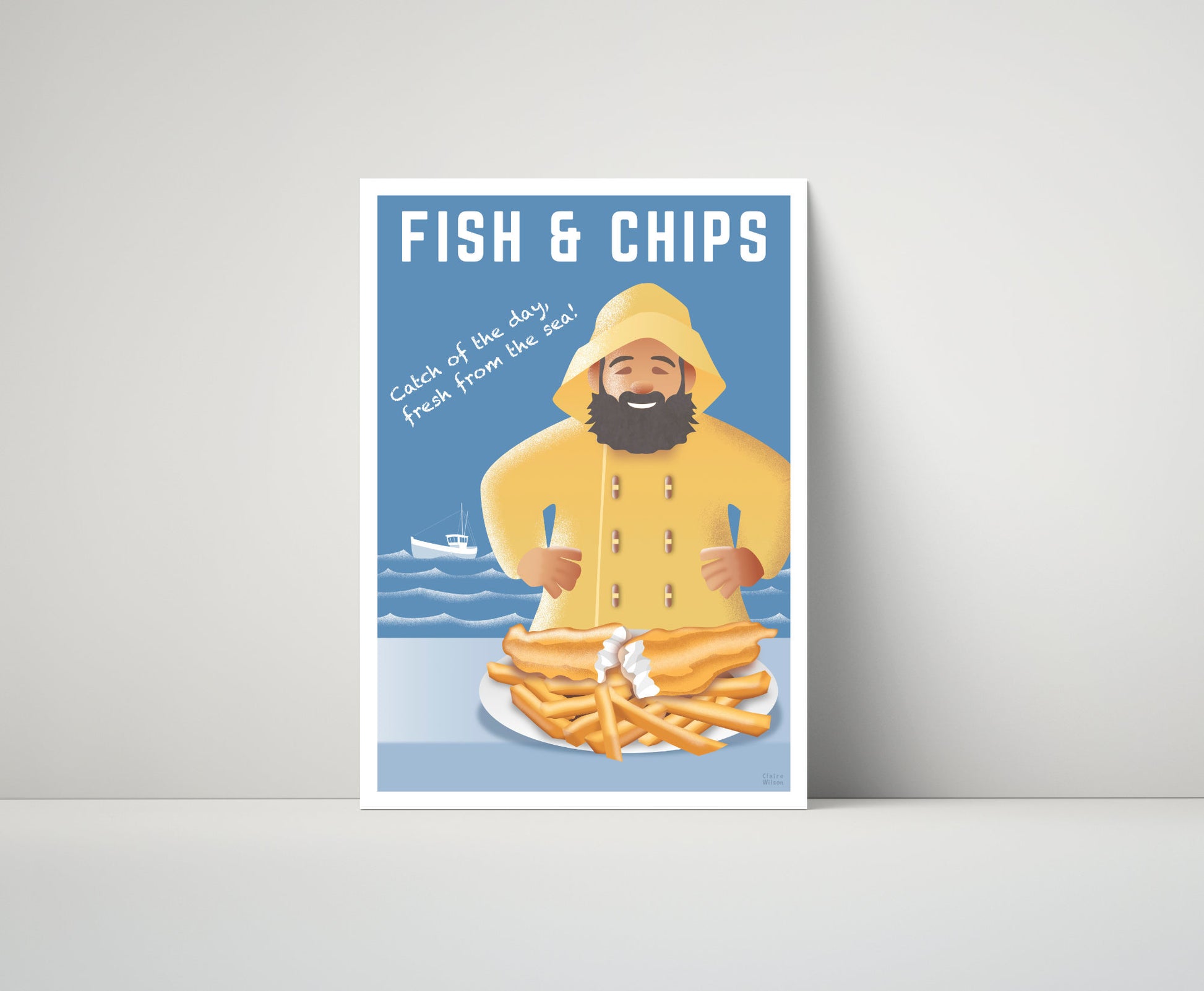 Artwork of a cheerful fisherman in yellow nautical coat and a dinner of fish and chips, with a ship and sea in the distance 