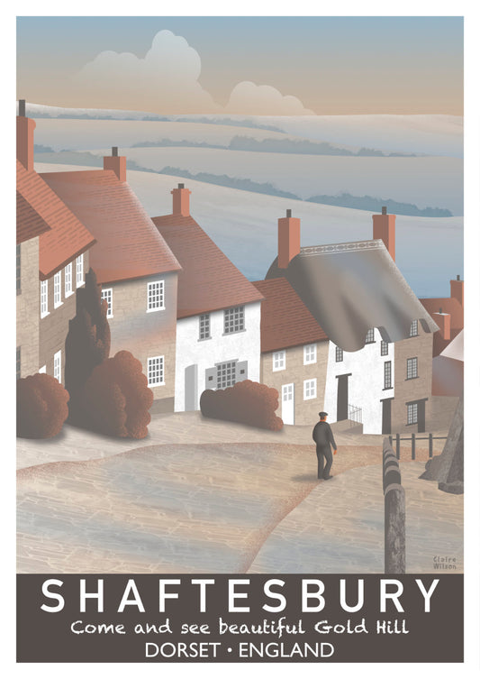 Colourful art print of old country cottages, with a man walking down a steep hill, and countryside in the background