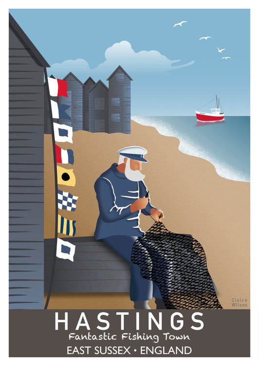 Colourful art print of a fisherman and nautical flags by the sea, with Hastings historic Net Shops in the background