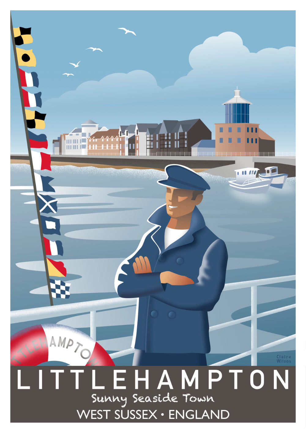 Colourful art print of a fisherman and nautical flags at a harbour, with Littlehampton waterside buildings in the background