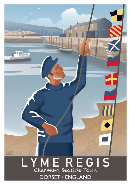 Colourful art print of a fisherman and nautical flags at a harbour, with Lyme Regis town buildings and fishing shacks in the background