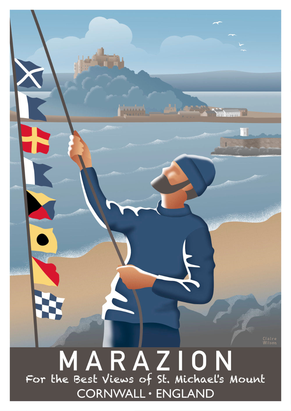 Colourful art print of a fisherman and nautical flags at the seaside, with St Michael’s Mount in the background