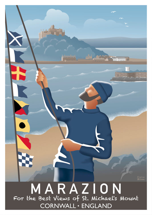 Colourful art print of a fisherman and nautical flags at the seaside, with St Michael’s Mount in the background