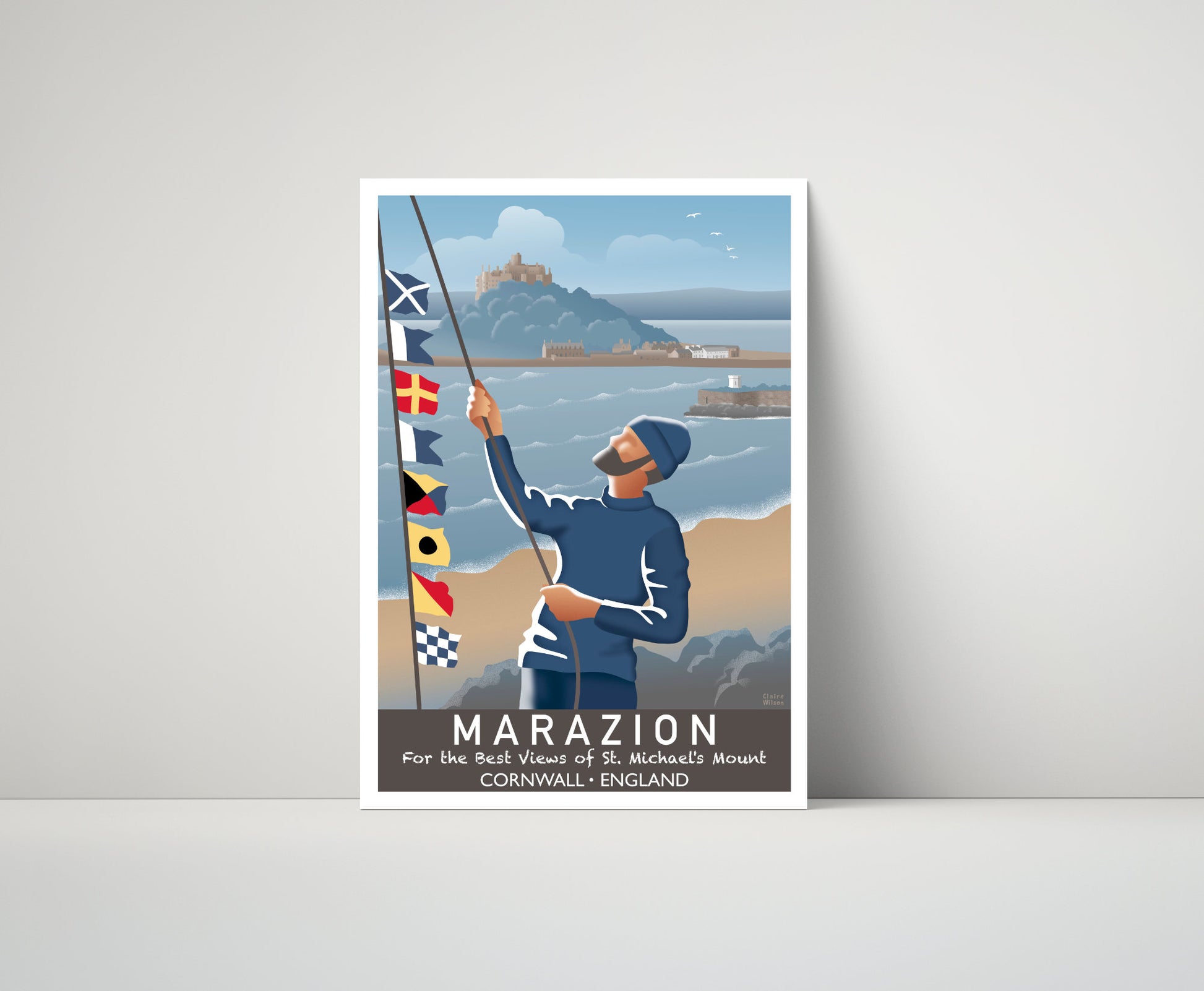 Artwork of a fisherman hoisting maritime flags by the sea at Marazion, with old buildings and a castle on a hill in the distance 