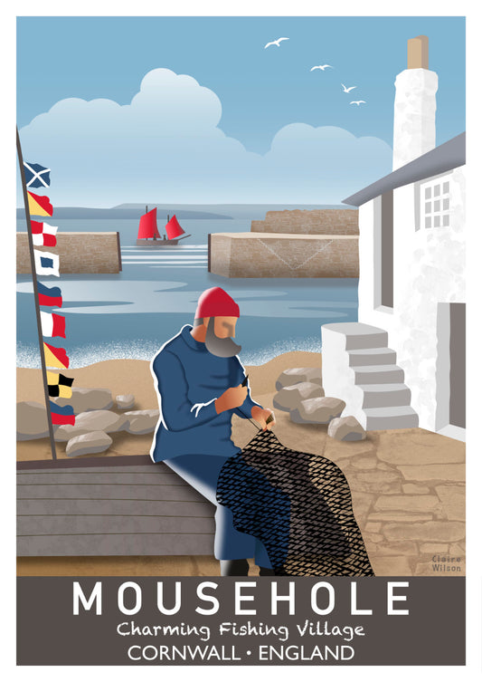 Colourful art print of a fisherman and nautical flags next to an old white cottage by the sea, with Mousehole quayside in the background