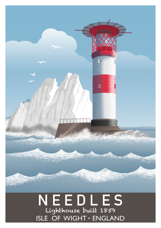 Colourful art print of a red and white lighthouse, with the Needles and sea in the background