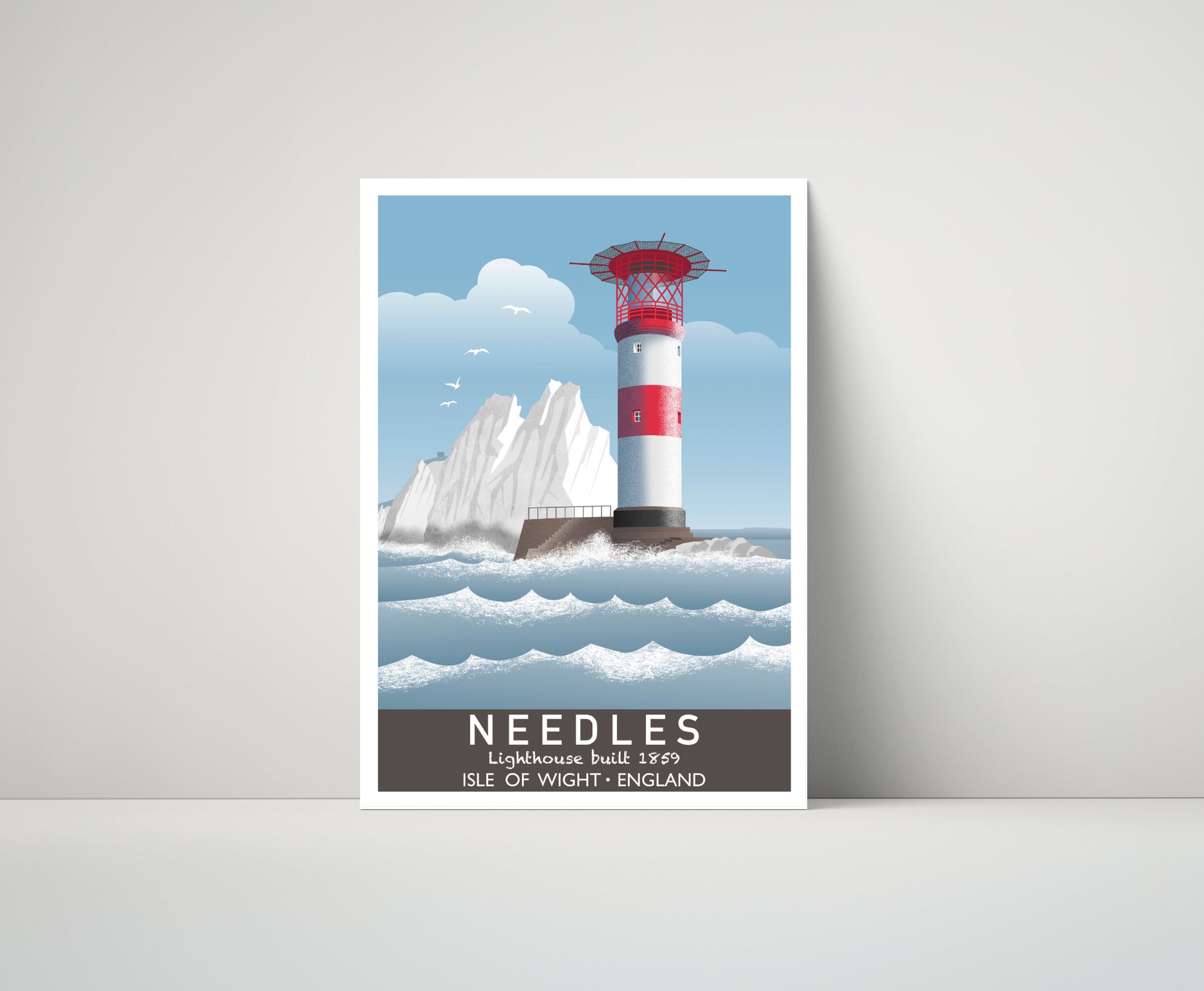 Artwork of Needles lighthouse with red and white stripes, and chalk cliffs in the distance