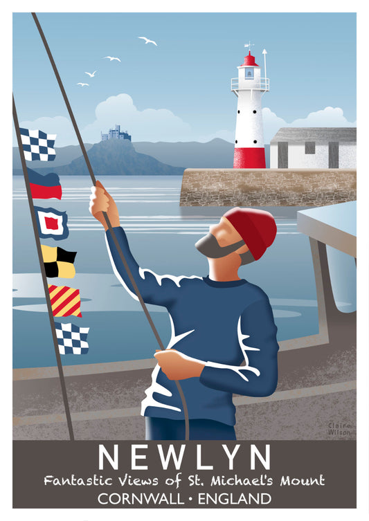 Colourful art print of a fisherman and nautical flags on a boat, with St Michael’s Mount and Newlyn lighthouse in the background