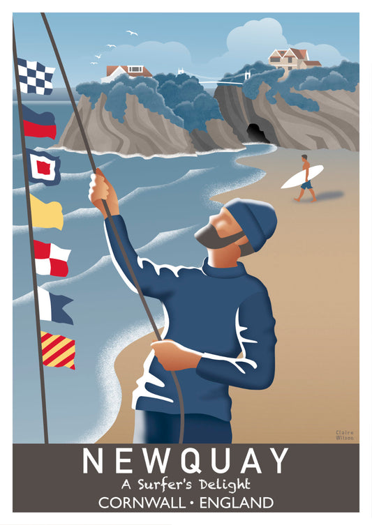 Colourful art print of a fisherman and nautical flags at the seaside, with Newquay Island House in the background