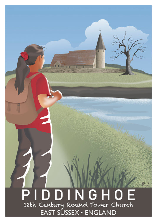 Colourful art print of lady walking by the river Ouse, looking at Piddinghoe round tower church, with pastoral countryside in the background