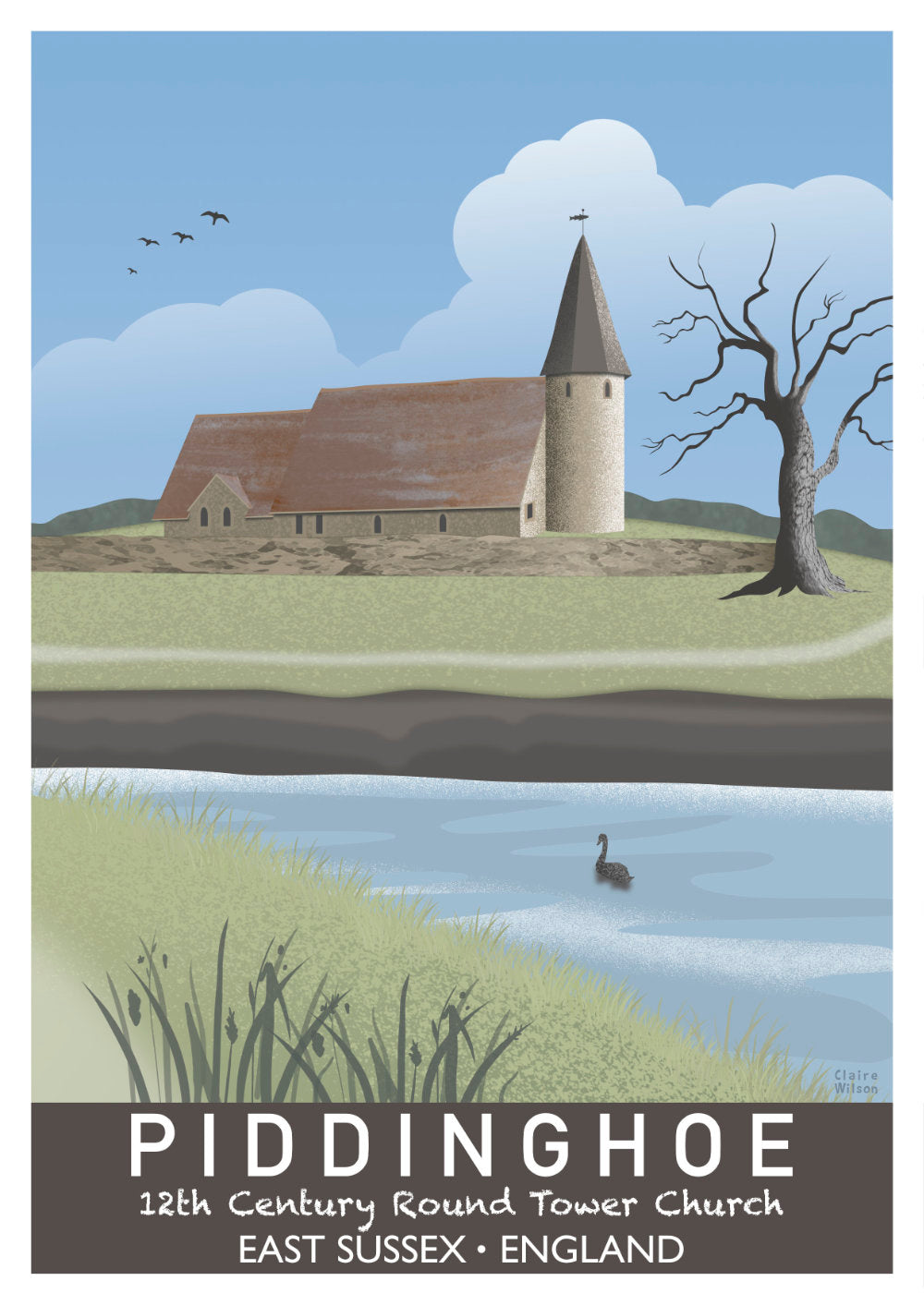 Colourful art print of Piddinghoe round tower church, with a river and pastoral countryside 