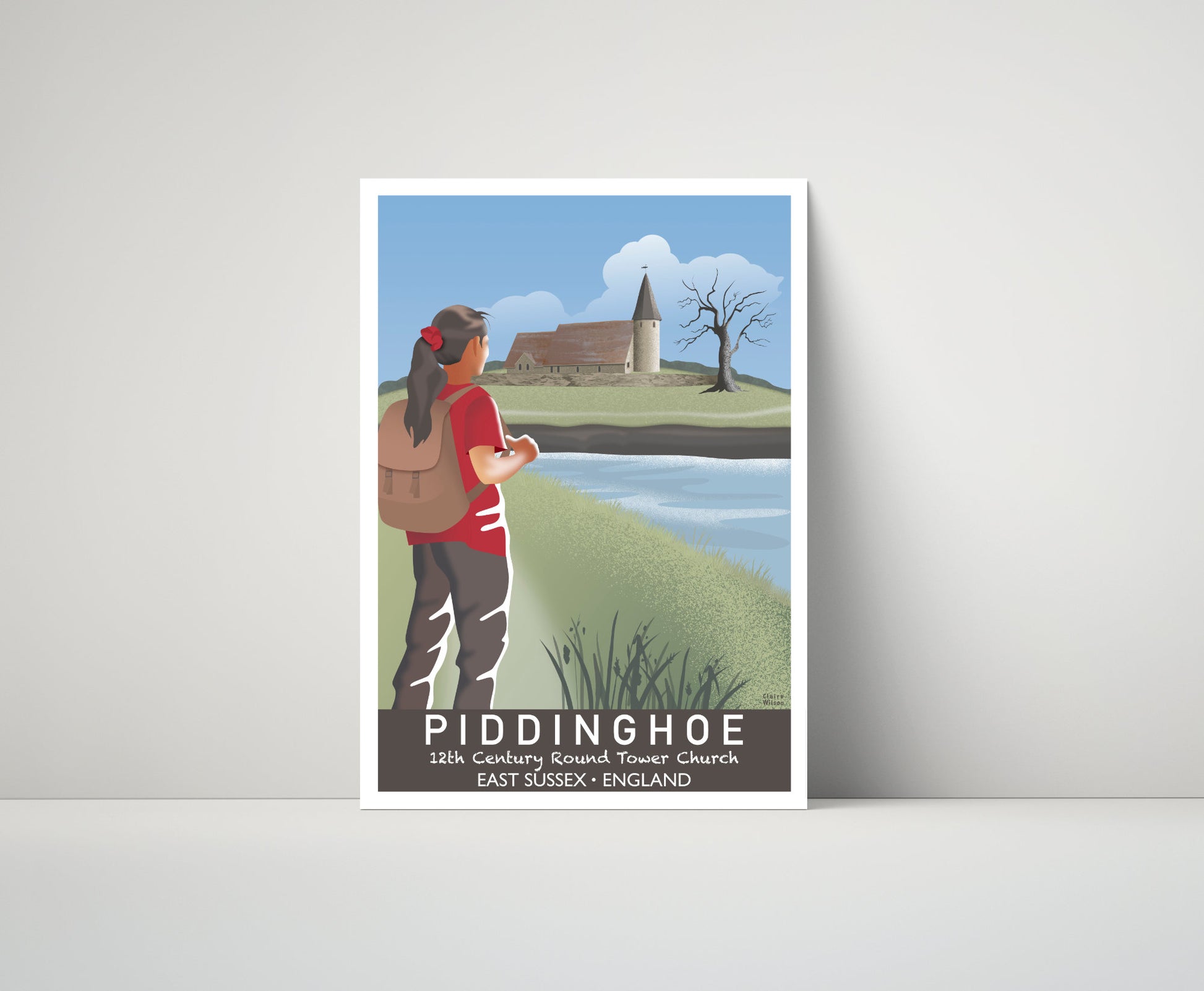 Artwork of a female hiker, admiring Piddinghoe round tower church, with a river and tree in the distance