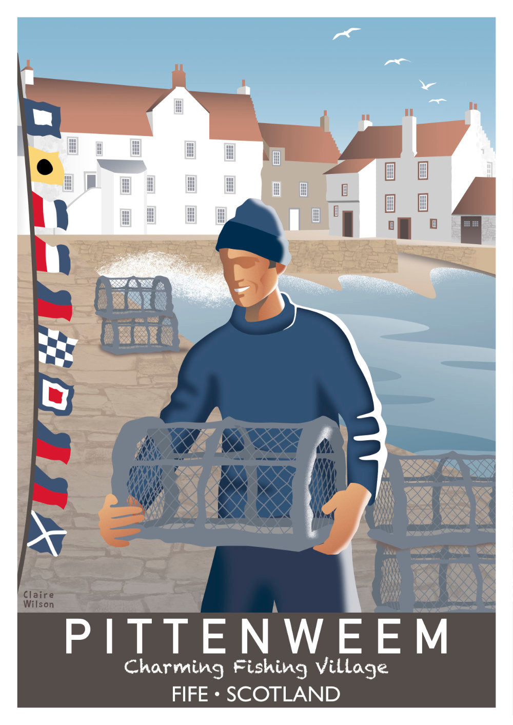 Colourful art print of a fisherman carrying a lobster basket, with nautical flags at a harbour, with Pittenweem village buildings in the background