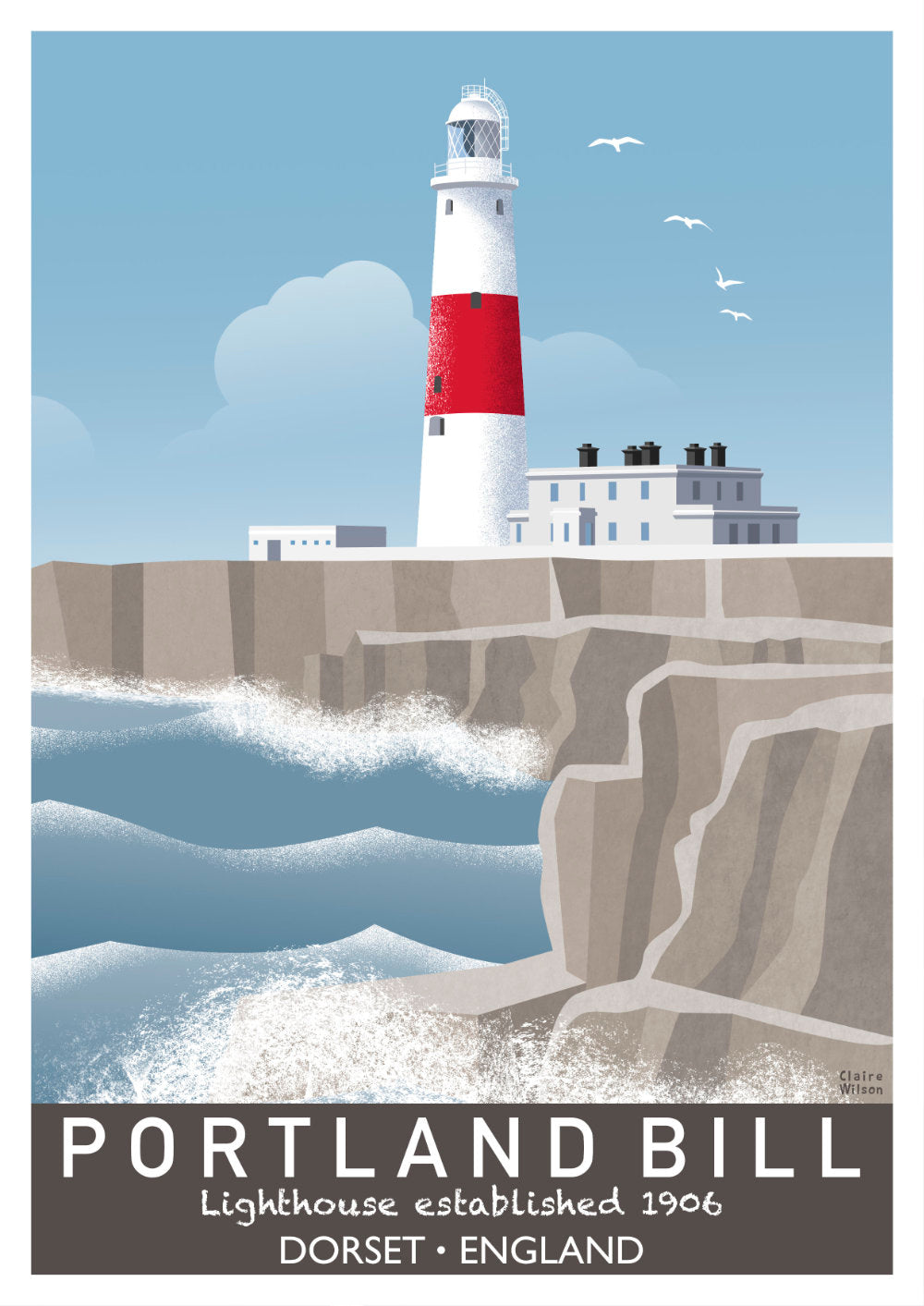 Colourful art print of a red and white lighthouse, with a rocky coastline and rough sea