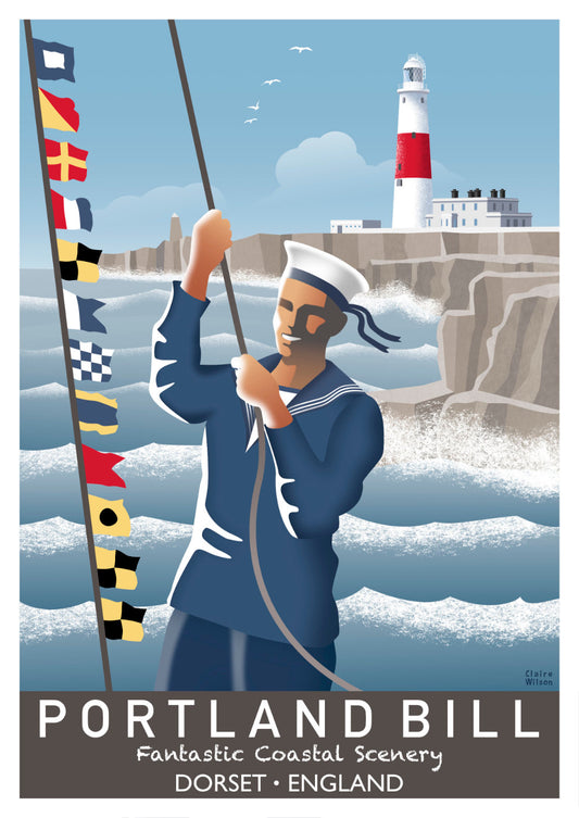 Colourful art print of a sailor and nautical flags by a rough sea, with Portland Bill Lighthouse in the background