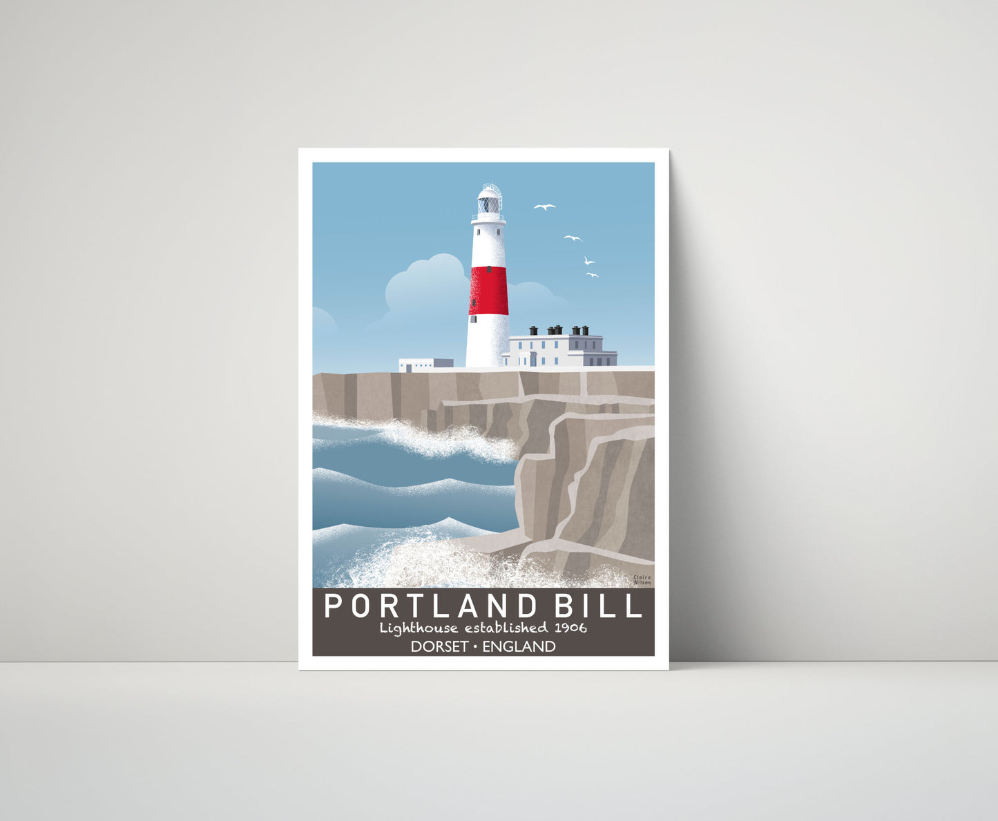 Artwork of Portland Bill lighthouse with red and white stripes, and craggy rocks in the distance