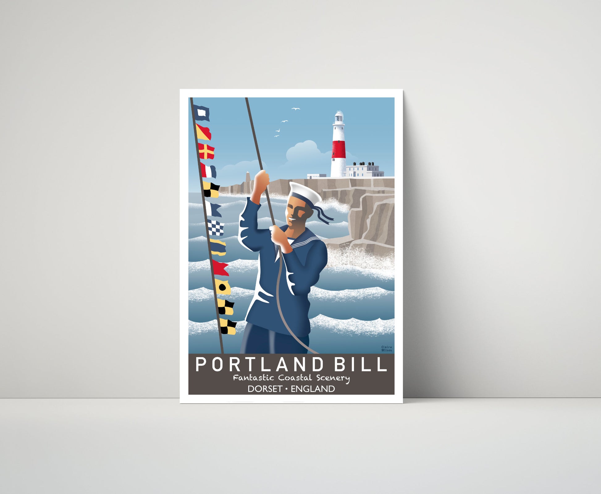 Artwork of a seafarer hoisting maritime flags by the sea at Portland Bill, with a red and white striped lighthouse on rugged rocks in the distance 