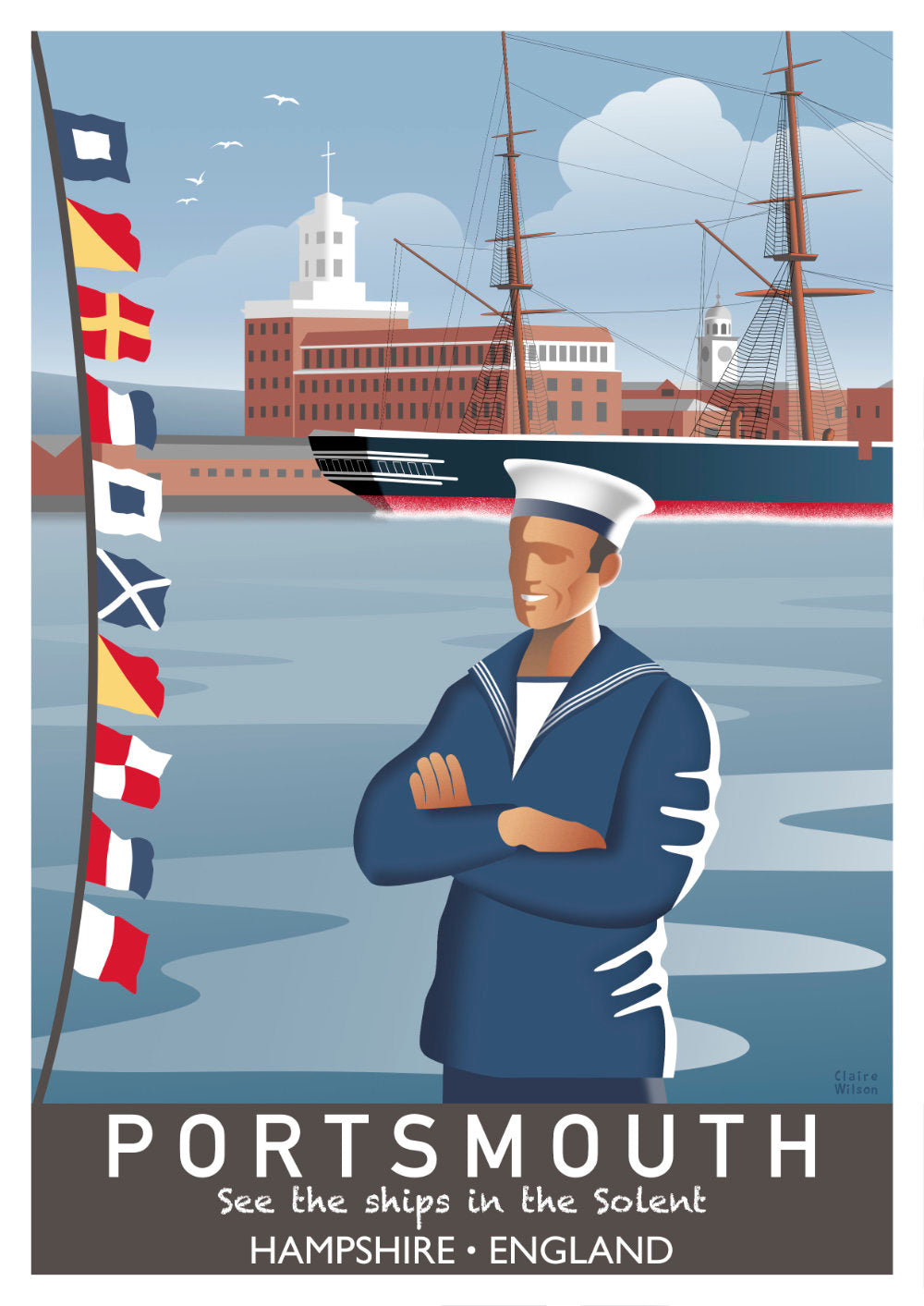 Colourful art print of a sailor and nautical flags by the sea, with HMS Warrior and historic dockyard buildings in the background