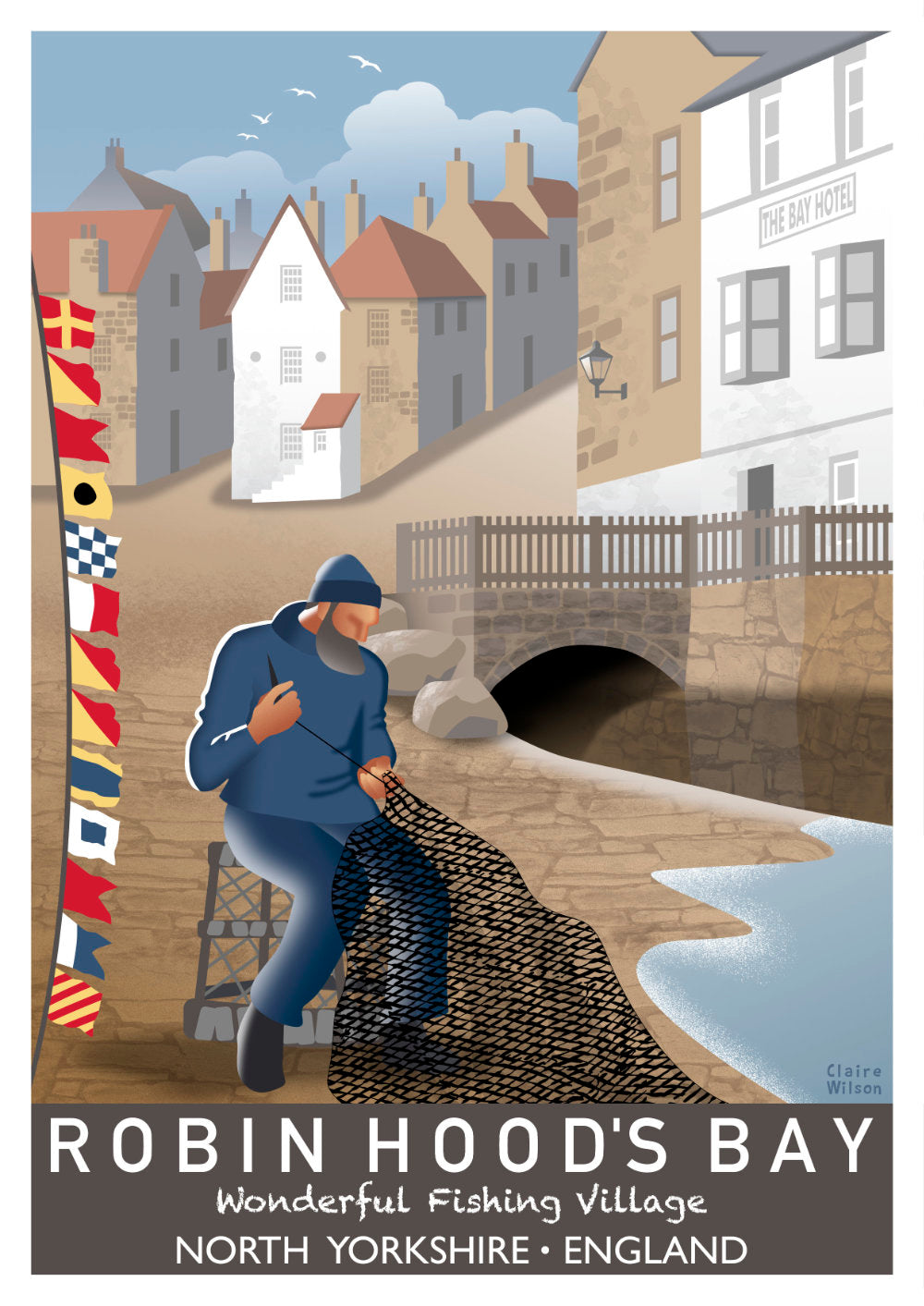 Colourful art print of a fisherman and nautical flags next to a white hotel by the sea, with Robin Hood’s Bay in the background