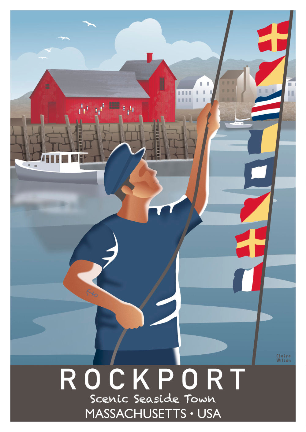 Colourful art print of a fisherman and nautical flags at the seaside, with old red shack and Rockport houses in the background