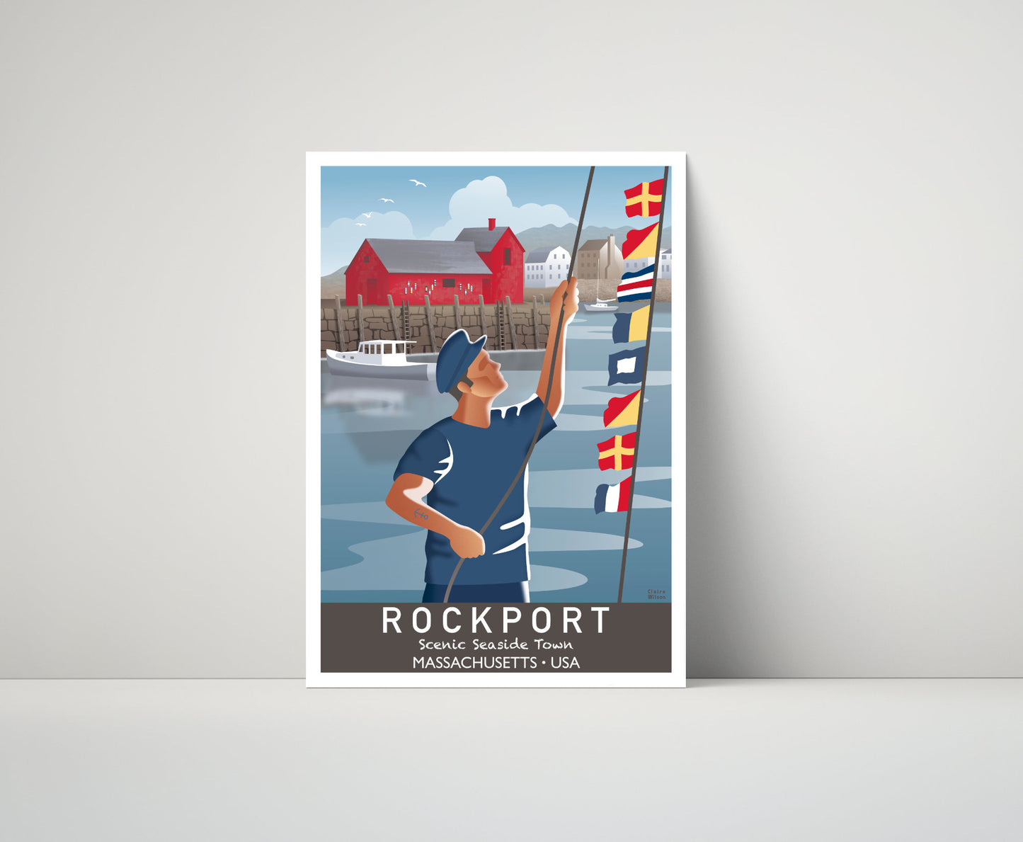 Artwork of a fisherman hoisting maritime flags by the quay at Rockport, with boats, houses and red shed in the distance 