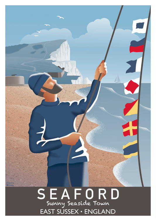 Colourful art print of a fisherman and nautical flags at the seaside, with Seaford Head in the background