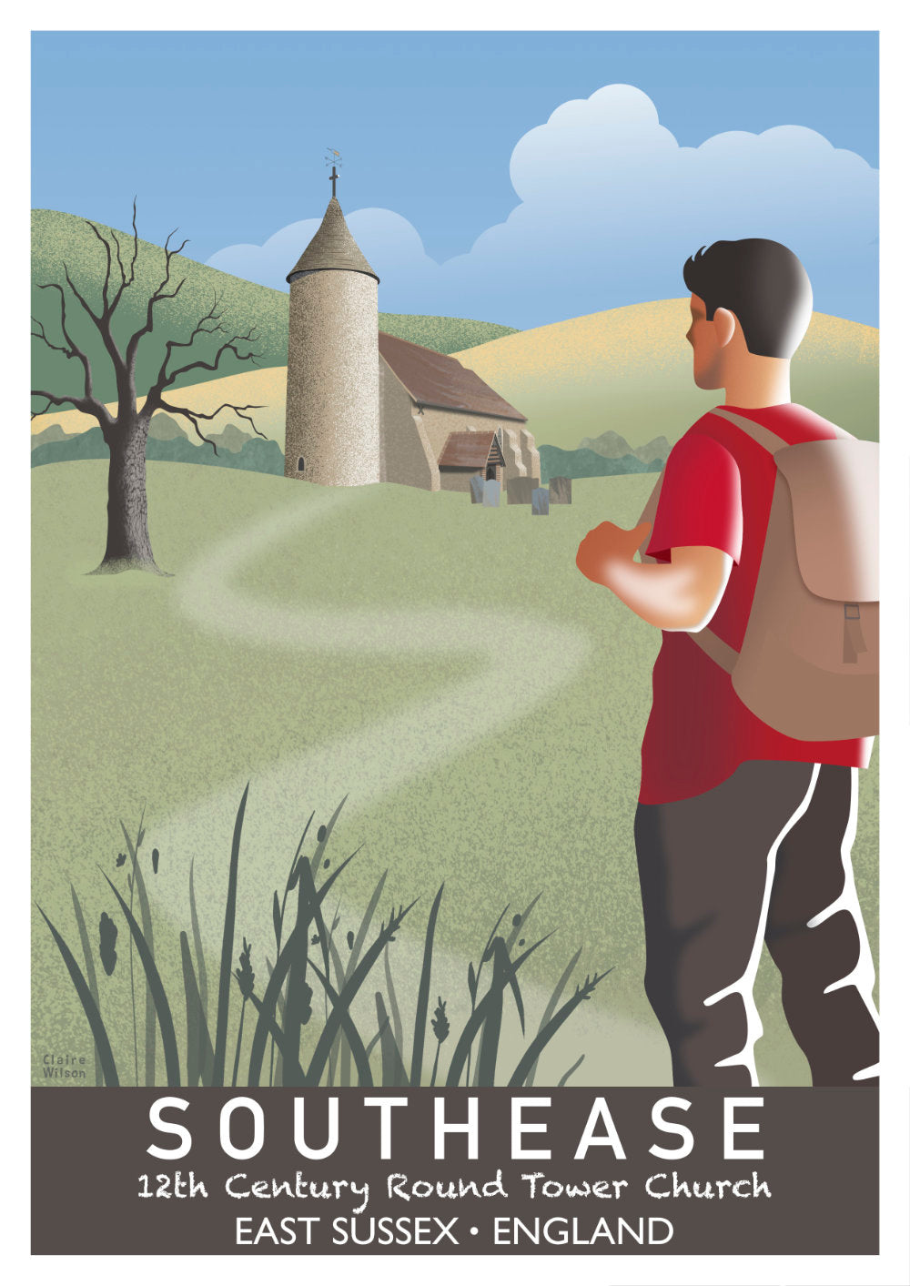 Colourful art print of man walking in the South Downs, looking at a round tower church, with pastoral country hills in the background