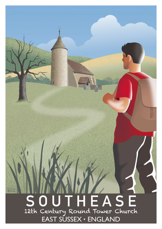 Colourful art print of man walking in the South Downs, looking at a round tower church, with pastoral country hills in the background