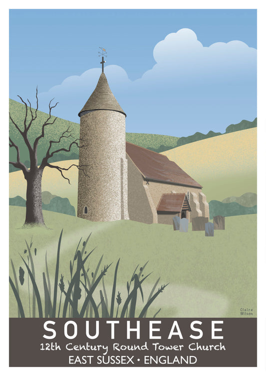 Colourful art print of a round tower church in the South Downs, with pastoral country hills in the background