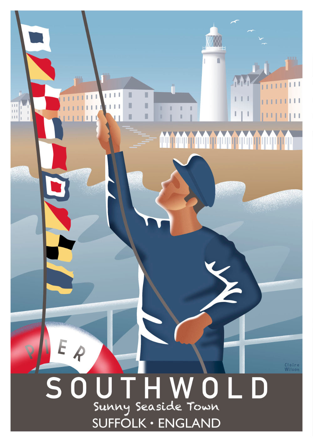 Colourful art print of a fisherman and nautical flags at the seaside, with Southwold lighthouse and beach huts in the background