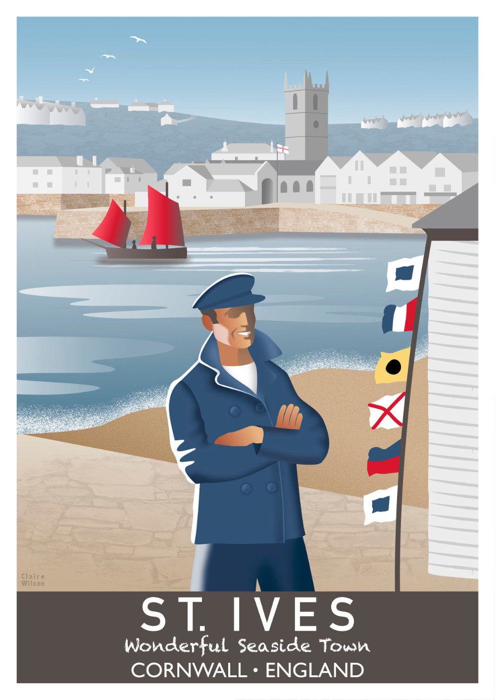 Colourful art print of a fisherman and nautical flags at a harbour, with St Ives village buildings in the background