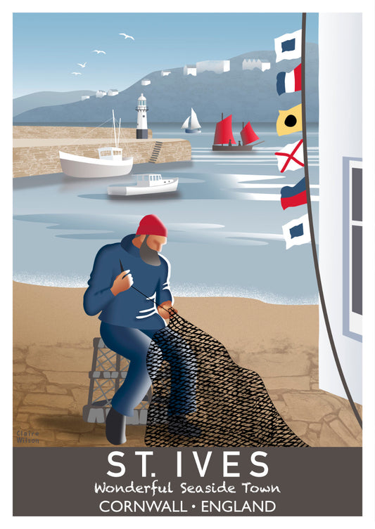 Colourful art print of a fisherman and nautical flags next to a white house by the sea, with St Ives quay and lighthouse in the background