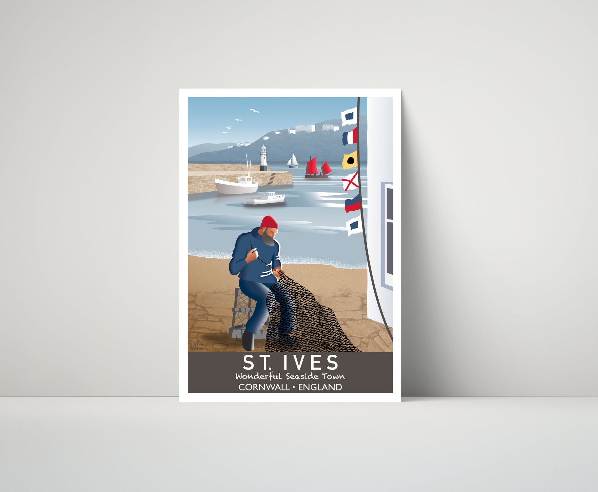 Artwork of a seafarer fixing his fishing nets at St Ives, with maritime flags, yachts, and a lighthouse in the distance 